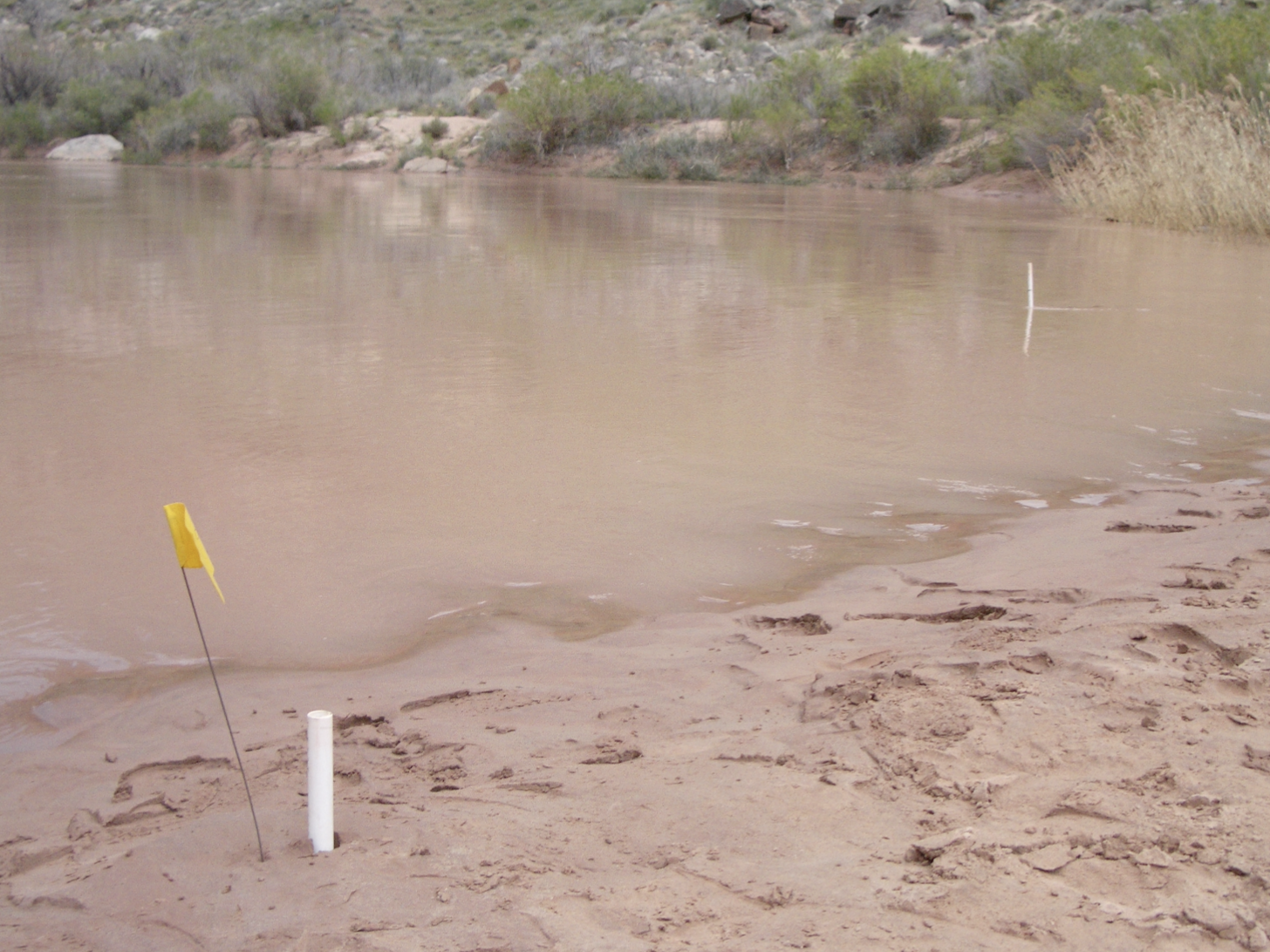 Setup of experiment to measure river stage and sandbar stage fluctuations during drawdown.