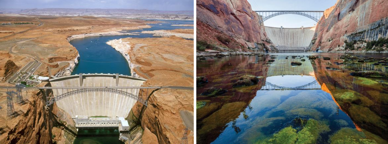 (Left) Glen Canyon Dam, north of Grand Canyon National Park (Photo source: USGS) (Right) Clear (sediment-free) water beneath Glen Canyon Dam (Photo source: NYTimes)