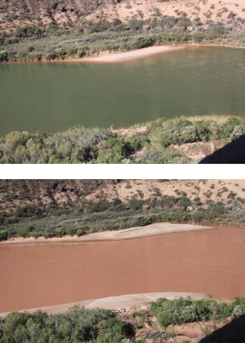 A section of the Colorado River in the Grand Canyon before and after a high flow event. Note the sandbar formed at the bottom