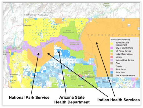 Photo: Public land ownership in the Grand Canyon area and respective health department oversight.